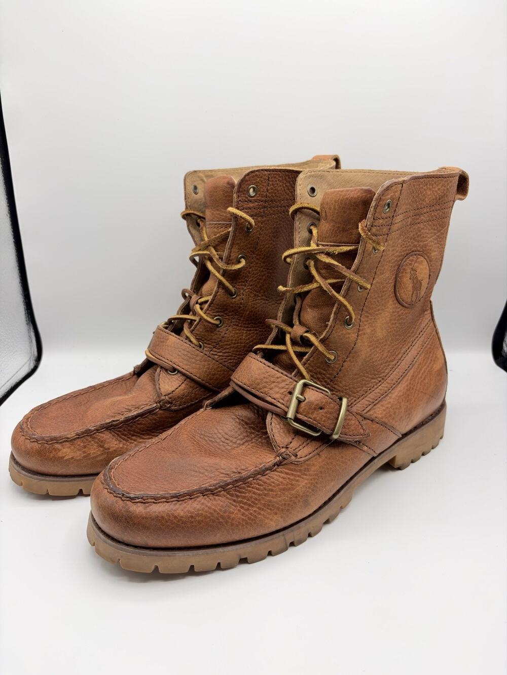 Polo Ralph Lauren Ranger Leather Combat Boots Mens Size 11.5D Brown Strap - Good